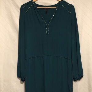 BCBGMaxAzria Teal Long-Sleeve V-Neck Dress with Stud Detailing